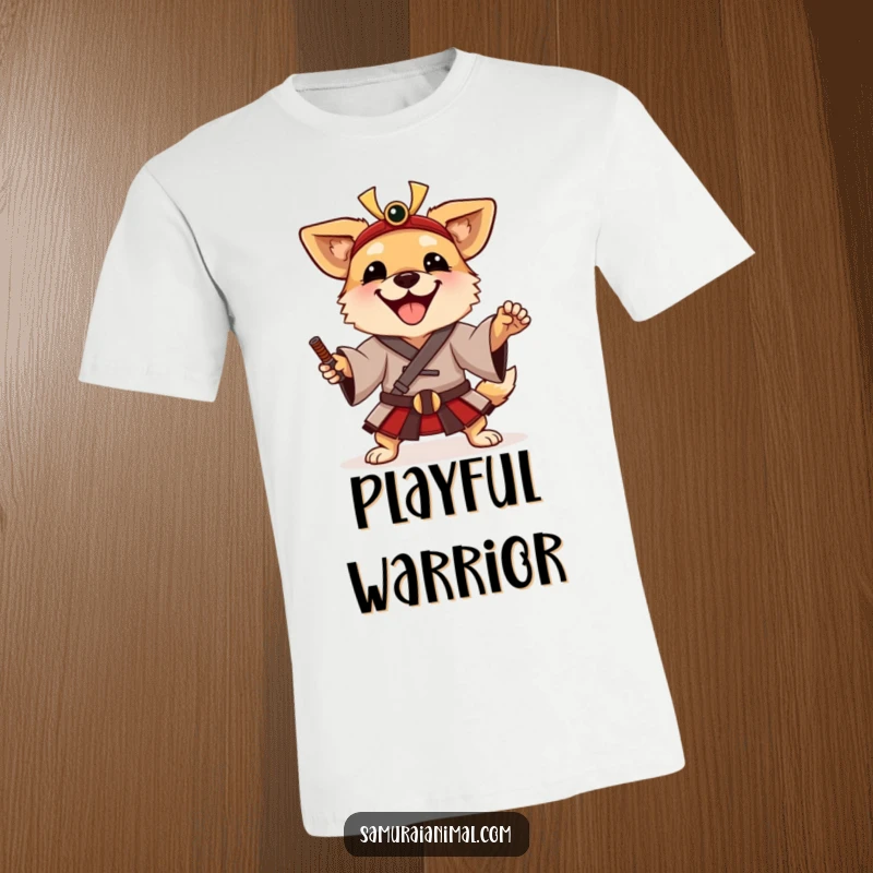 Funny T-Shirt featuring a happy dog in a traditional samurai tunic, striking a playful yet valiant pose.