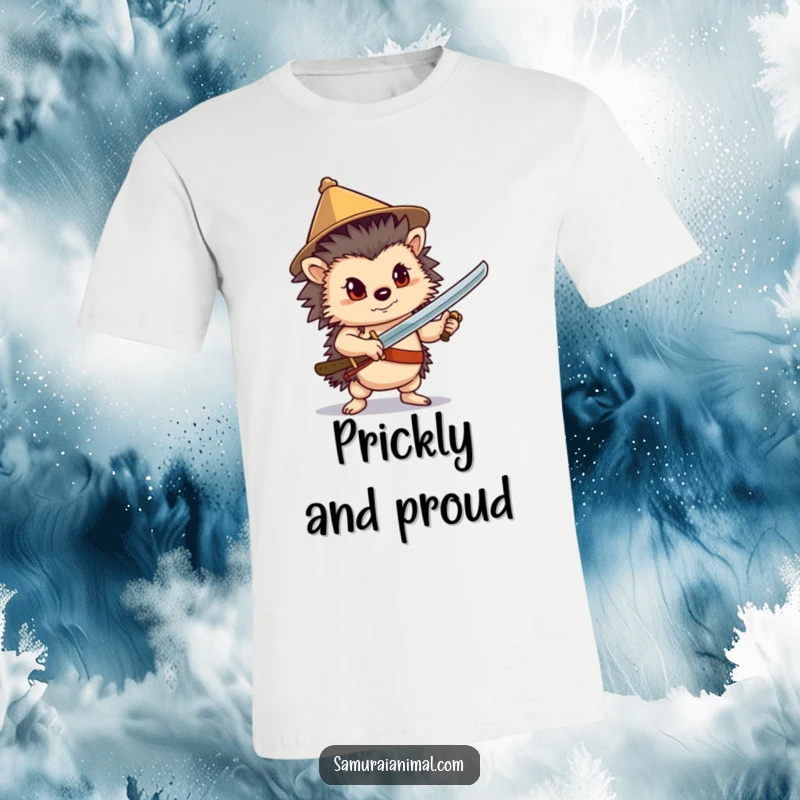 Funny Hedgehog Sword T-Shirt: A confident hedgehog in a conical hat strikes a heroic pose with a sword.