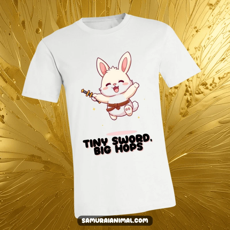 Funny bunny character in a dynamic mid-air pose with a tiny sword, exuding joy and courage on a t-shirt.