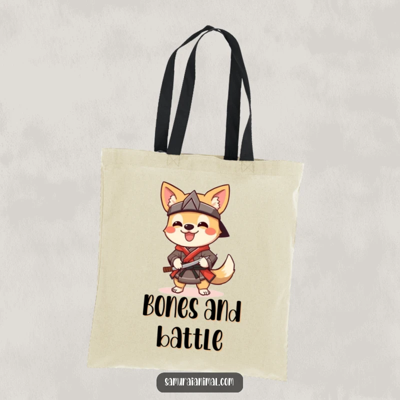 Funny Tote Bag featuring a cheerful dog dressed as a samurai, wagging its tail and holding a sai, ready for errands.