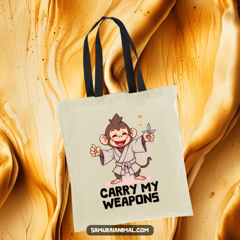 Funny monkey tote bag featuring a cheerful ninja monkey throwing a shuriken, perfect for carrying daily items.