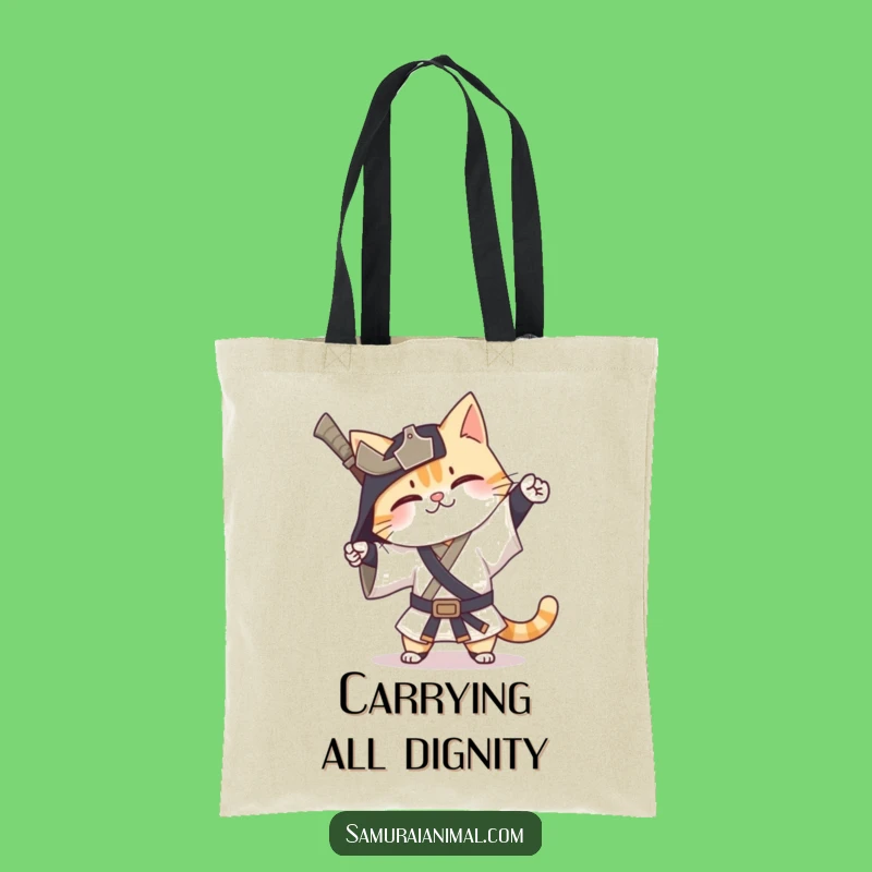 Funny Cat Samurai Tote Bag: Happy Exaggerated Bow Warrior Gift