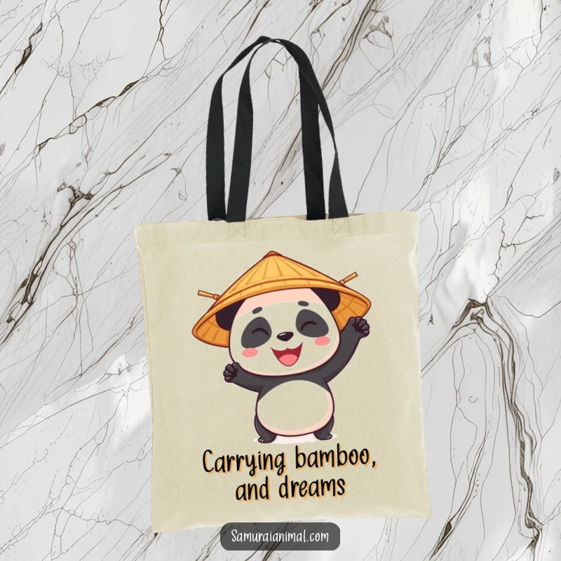 Funny panda character wearing a bamboo hat in a heroic pose, perfect for a humorous and practical tote bag.