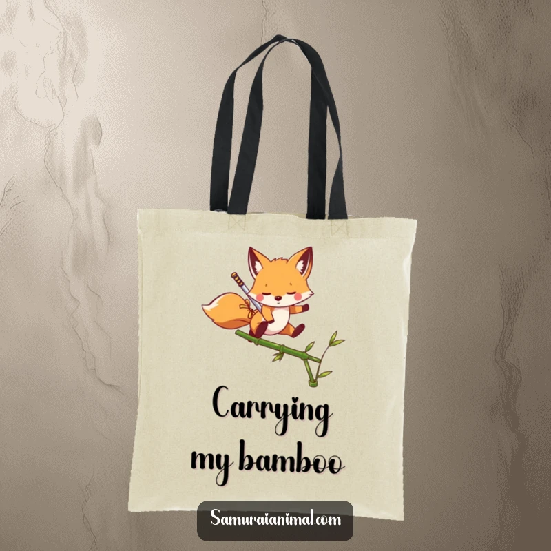Funny Tote Bag depicting a playful fox with a small sword mid-leap over a bamboo shoot, ready for action.