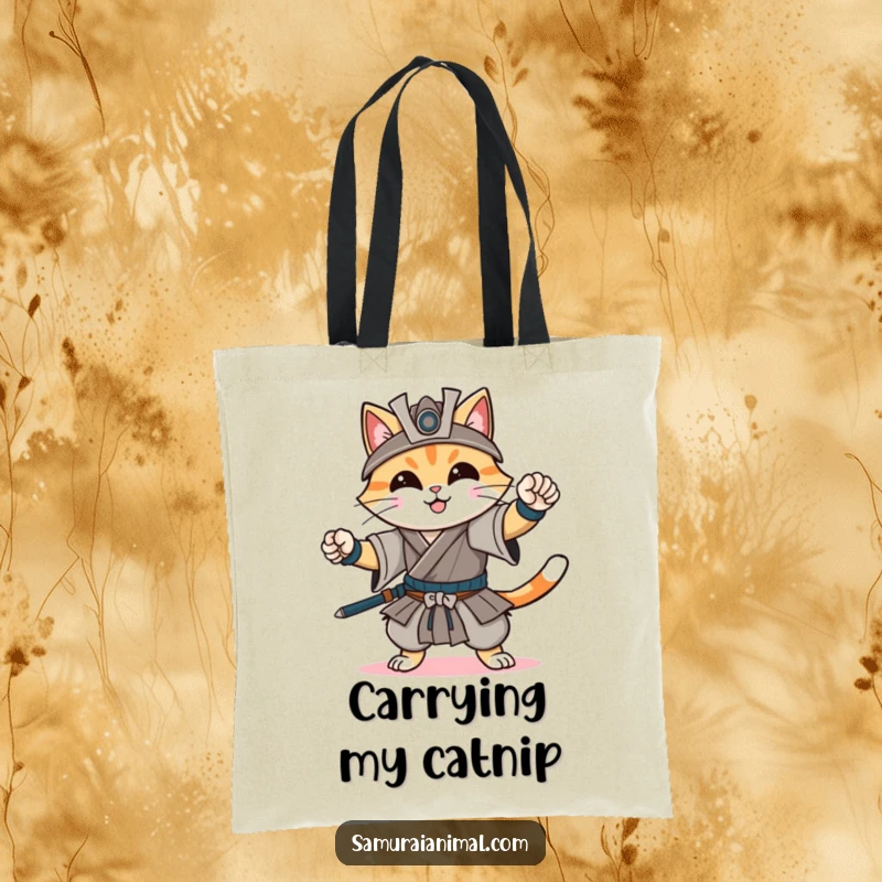 Funny tote bag featuring a cheerful cat confidently striking a dynamic samurai pose with a gentle, knowing smile, ready for any mission.