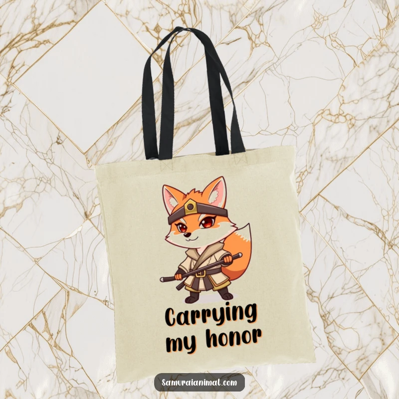 Funny Fox Samurai Tote Bag: A determined fox in samurai attire, striking a powerful and resolute pose.
