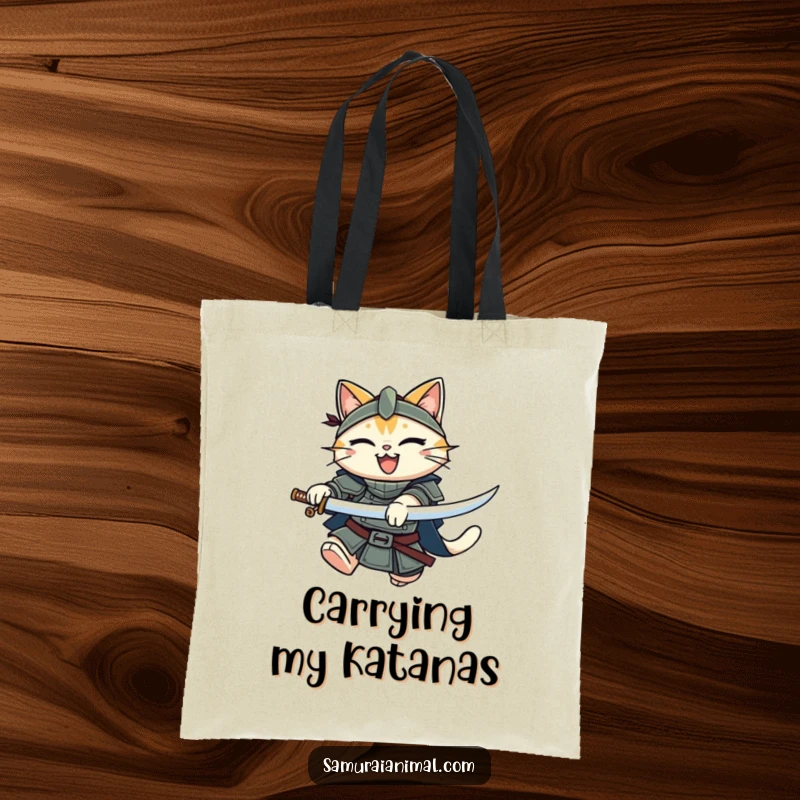 Funny Cat Warrior Tote Bag: A smiling armored cat dynamically leaping forward with a katana, ready for errands.