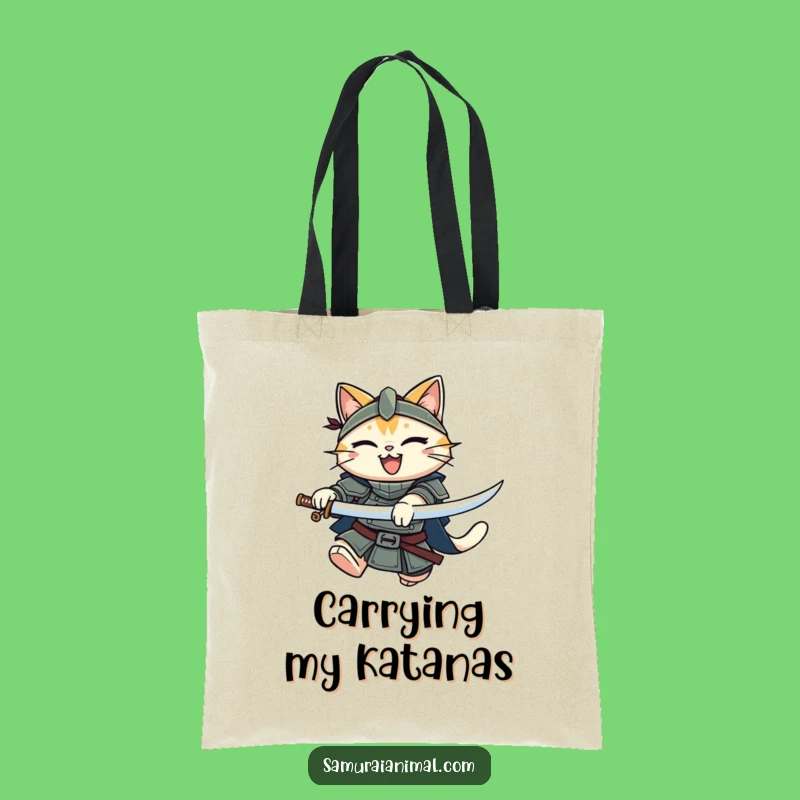Funny Cat Warrior Tote Bag: Leaping Katana Feline, Stylish & Practical Gift