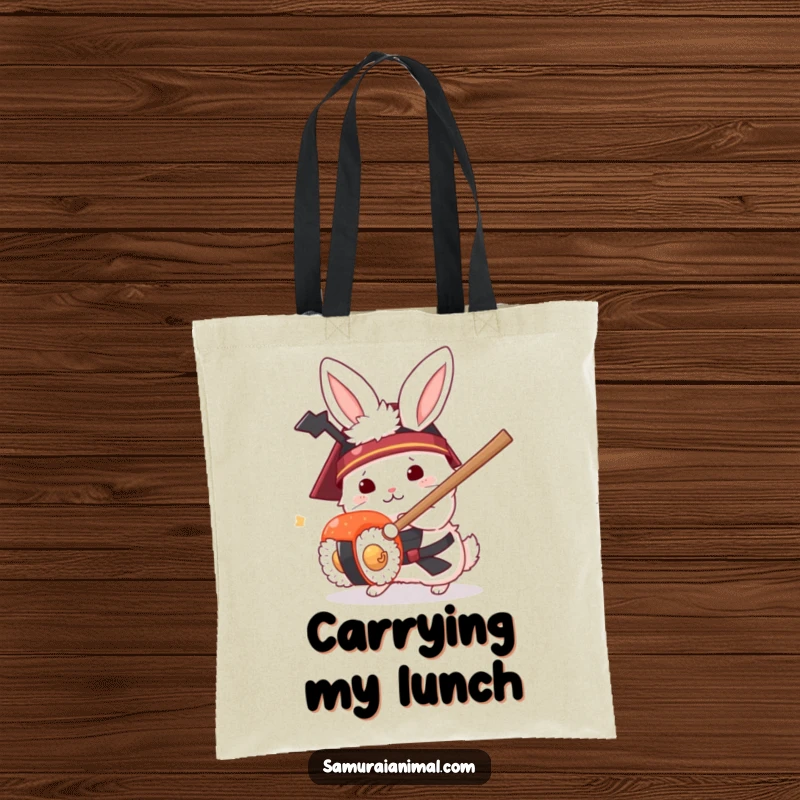 Funny tote bag featuring a fluffy white rabbit in a samurai helmet, comically fighting a sushi roll with a tiny sword.