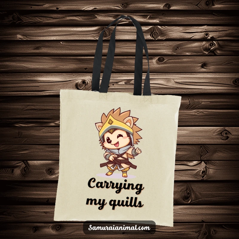 Funny warrior hedgehog tote bag featuring a happy, armored hedgehog in a lively spin, perfect for stylish, humorous everyday use.