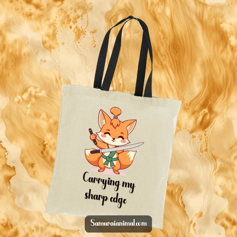 Funny fox tote bag showing a mischievous fox with a topknot, happily practicing a sword flourish, ready for travel.