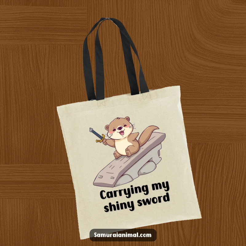Funny tote bag depicting a courageous otter in mid-slide down a ramp, sword in paw, ready for exciting escapades.
