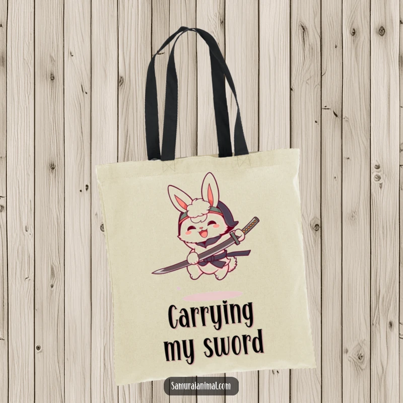 Funny fluffy bunny in a tiny helmet, brandishing cartoon katana, mid-leap, cute warrior tote bag, stylish accessory.