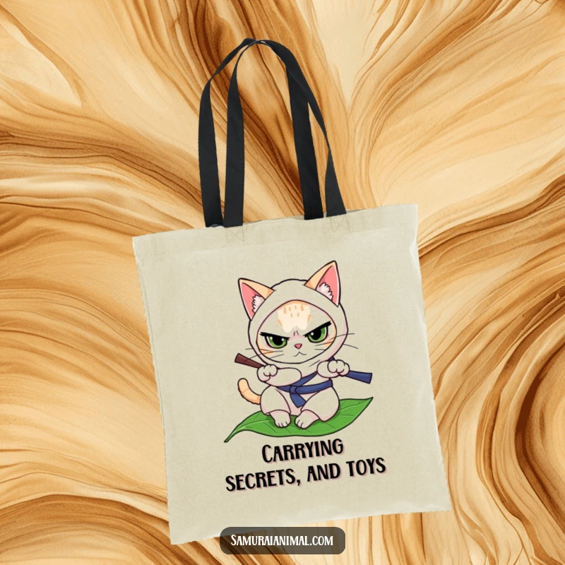 Funny determined cat in ninja attire, rolling on a leaf, perfect for a humorous and practical tote bag.