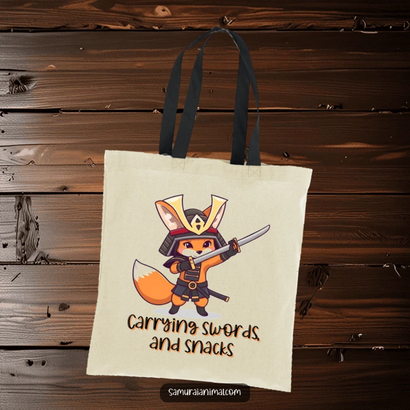 Funny fox in a samurai helmet playfully swinging a sword, perfect for a humorous and practical tote bag.