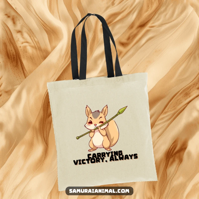 Funny tote bag showcasing a brave squirrel holding a sharpened bamboo spear, ideal for carrying daily items.