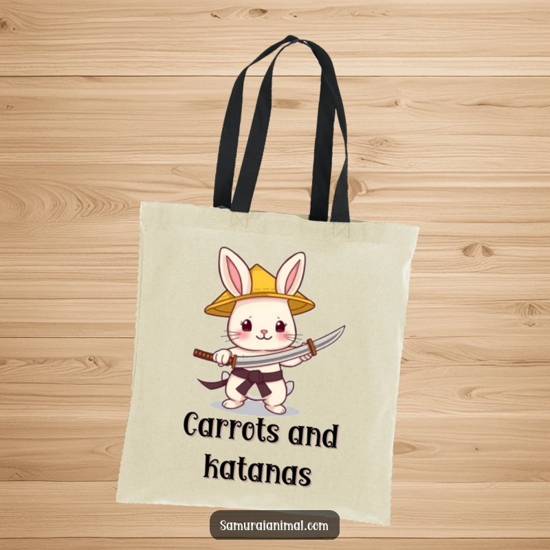 Funny Tote Bag featuring a tiny bunny in a conical straw hat, gleefully brandishing a minuscule katana, ready for errands.