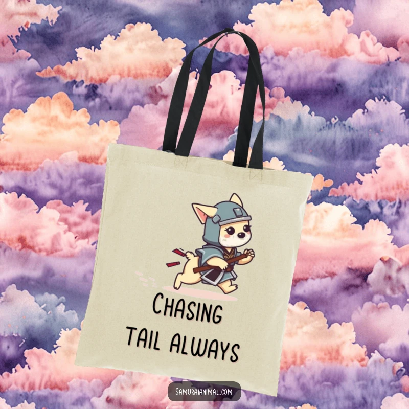Funny Dog Samurai Tote Bag with a tiny dog warrior playfully chasing its tail, great for everyday use.