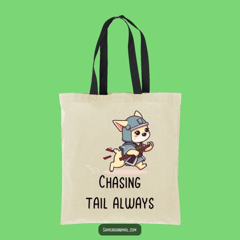 Funny Dog Samurai Tote Bag: Playful Tail Chase Warrior Funny Gift