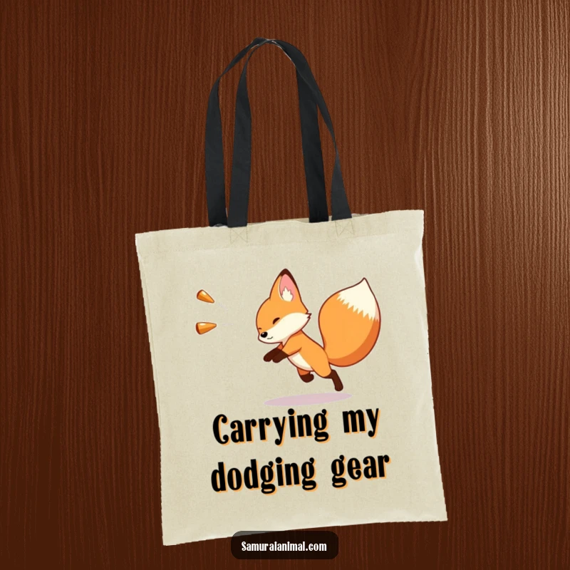 Funny tote bag illustrating a small fox artfully evading a giant, imaginary projectile with a dramatic and swift movement.