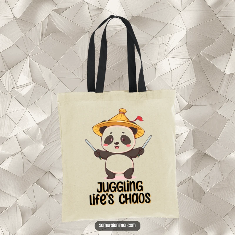 Funny Panda Juggling Tote Bag: A cute panda wearing a straw hat, skillfully juggling tiny swords.