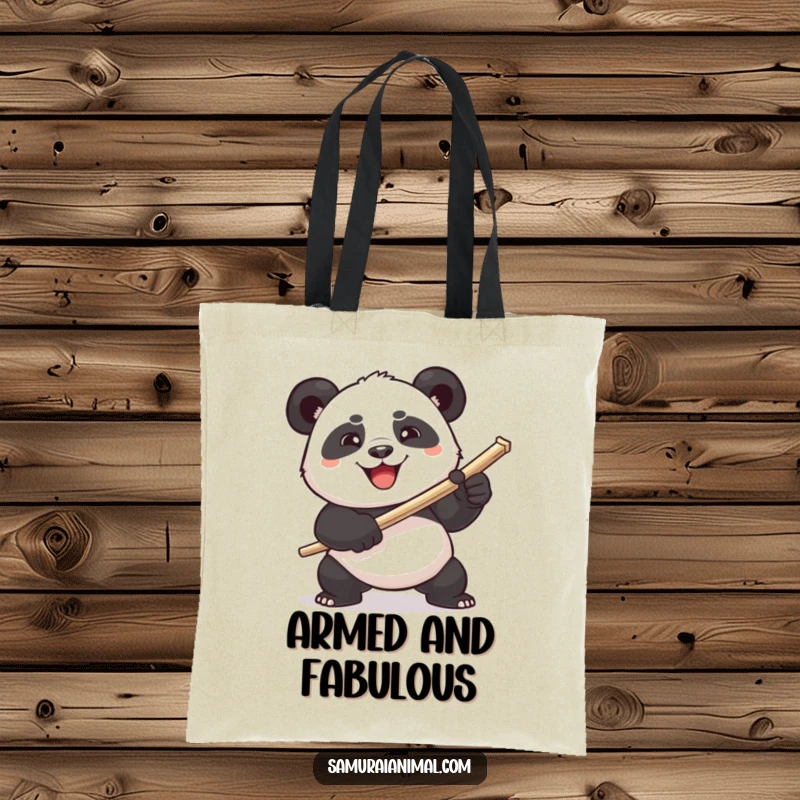 Funny plump panda comically wielding a toothpick sword on a tote bag, a humorous design for carrying necessities.