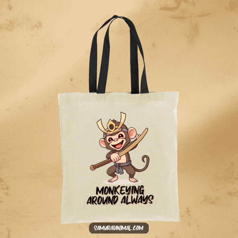 Funny tote bag with a happy monkey in a samurai mask, swinging a wooden sword with joyous abandon, ready to carry your goods in style.