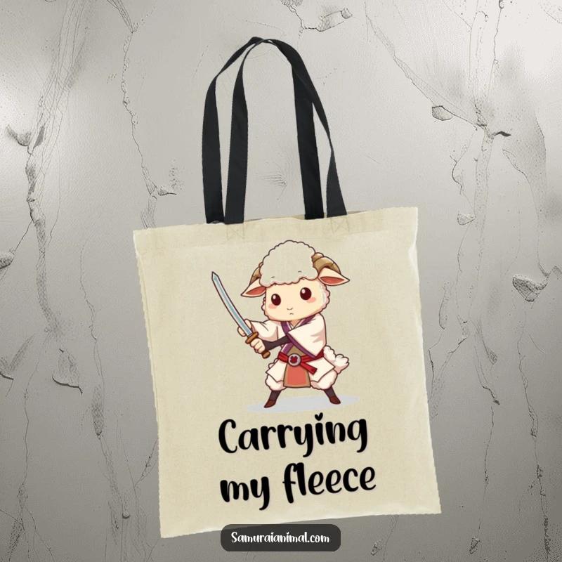 Funny tote bag with a dignified sheep character practicing a sword flourish, ready for any adventure or shopping trip.