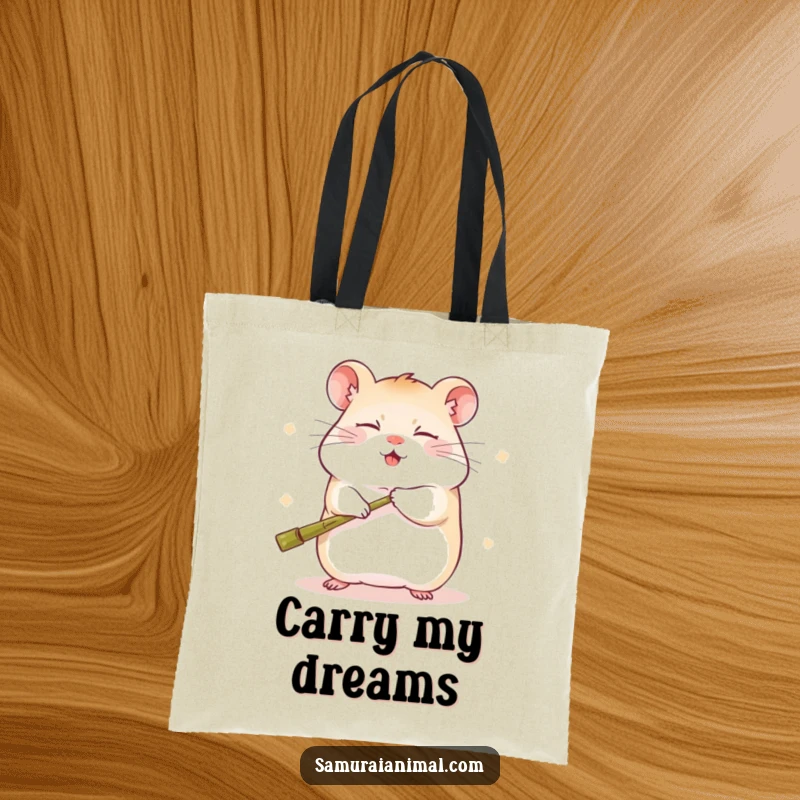 Funny tote bag showcasing a sleepy hamster in a dynamic kung fu pose, balancing a miniature bamboo staff with cheerful enthusiasm.