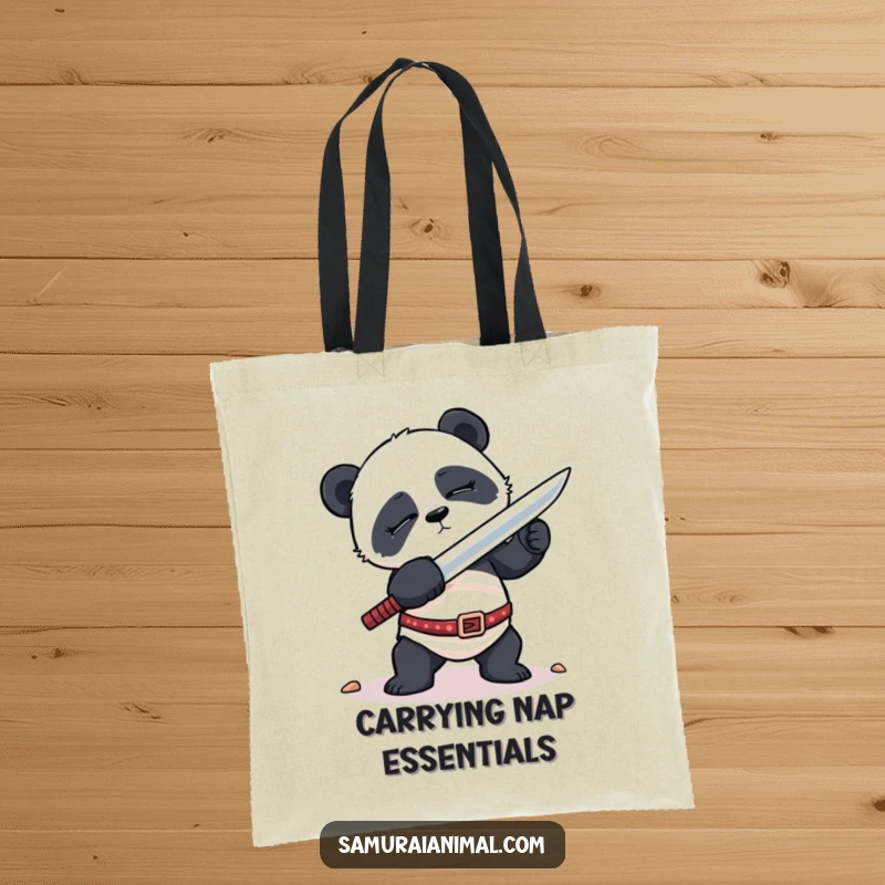 Funny Tote Bag displaying a sleepy panda awkwardly attempting a sword stance, perfect for carrying items with a dose of cute struggle.