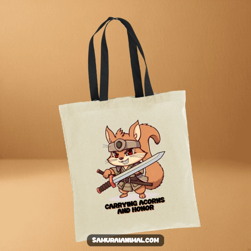 Funny squirrel samurai tote bag, playful character with wooden katana, determined grin, cute warrior accessory.