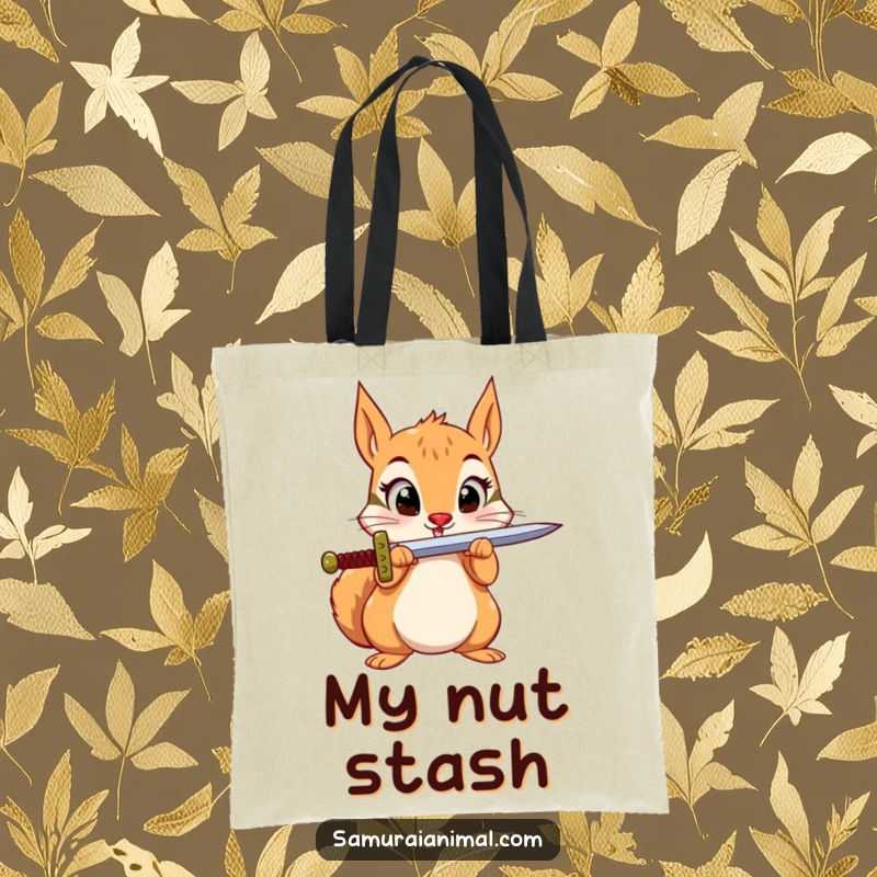 Funny Squirrel Sword Tote Bag: A small squirrel with excited eyes balances a sword on its nose, a humorous accessory.