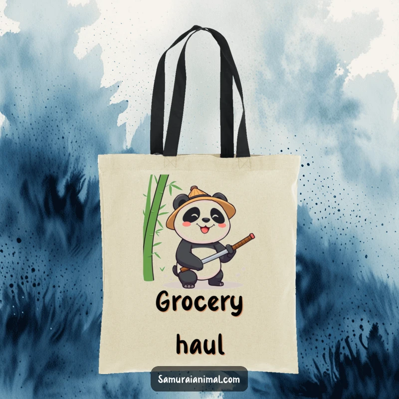 Funny Panda Katana Tote Bag: A durable tote bag featuring a panda wearing a straw hat, chopping bamboo with a miniature katana.