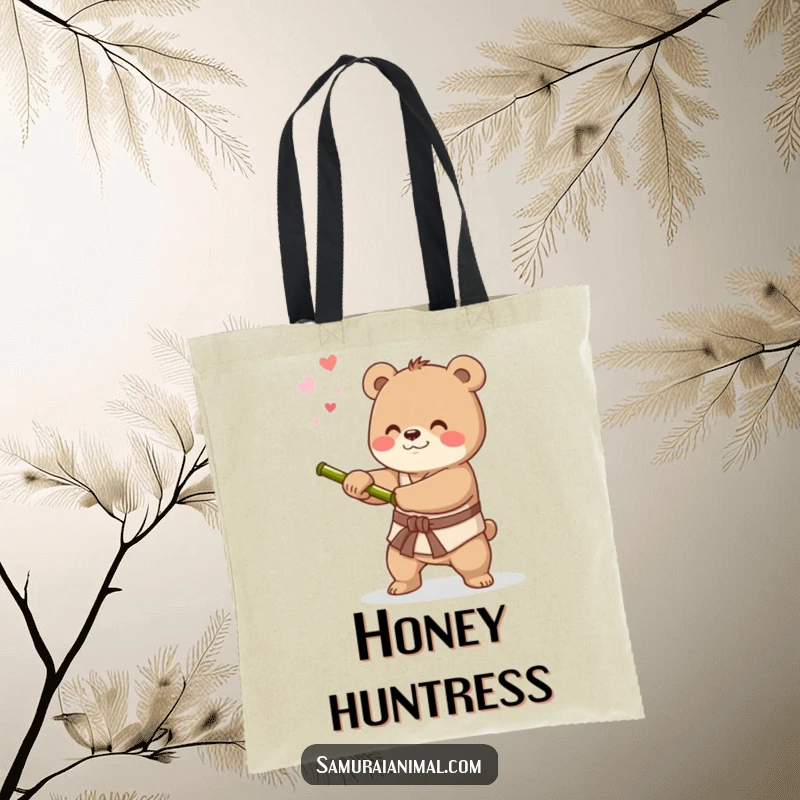 Funny tote bag showcasing a happy little bear practicing sword swings with a bamboo stick, great for carrying items with warrior flair.