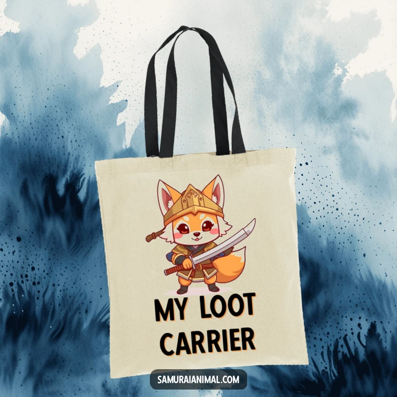 Funny Fox Warrior Tote Bag, a cheerful fox in a helmet brandishes a toy sword, practical and fun.