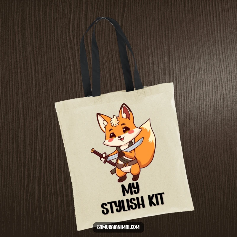 Funny Fox Hero Tote Bag: A durable tote bag featuring a cheerful fox with a tiny sword strapped to its back, posing dramatically.
