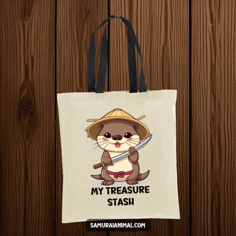 Funny tote bag showcasing a brave otter in a bamboo hat, expertly holding a miniature katana.