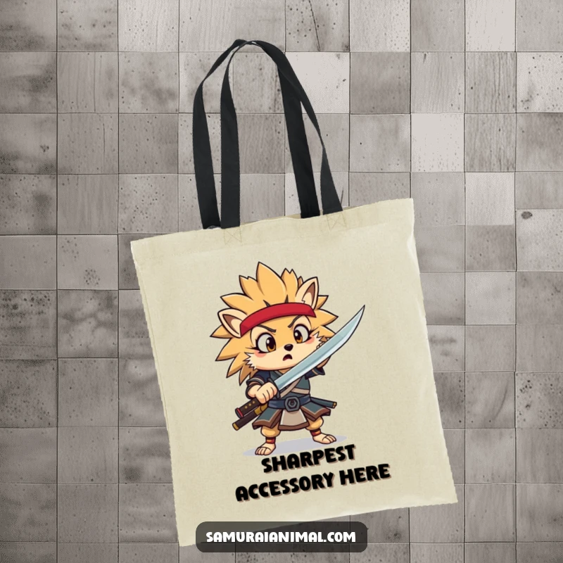 Funny Hedgehog Samurai Tote Bag with a surprised hedgehog warrior mid-flourish, great for carrying groceries with a laugh.